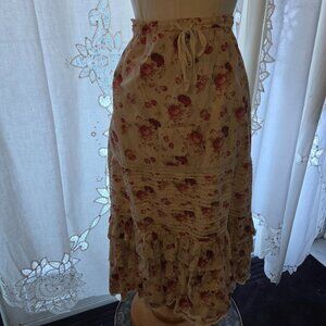 Magnolia Pearl Cotton Rose Print Ivory Ruffled Pin Tucked Skirt OS